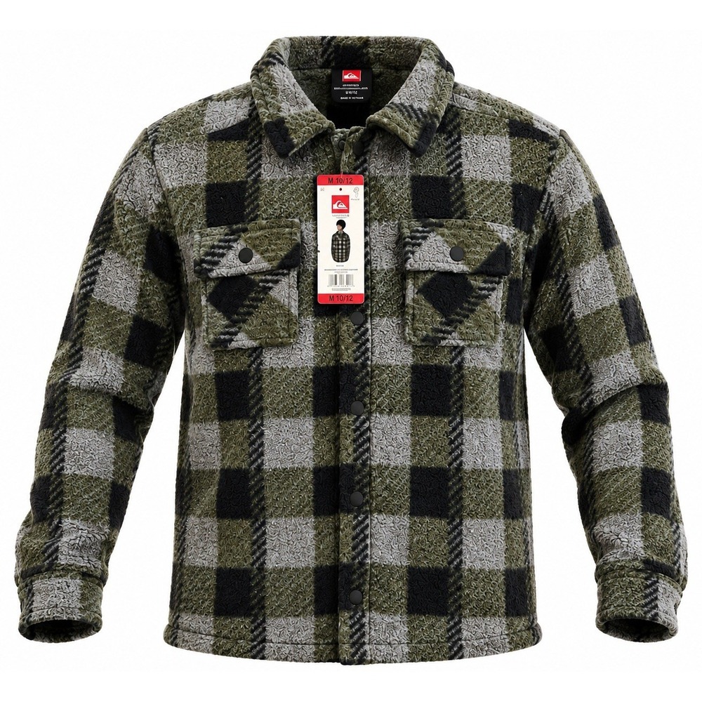Quiksilver Boys Sherpa Fleece Shirt Jacket Gray Plaid Button Up NWT M 10/12